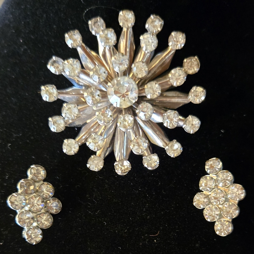 Silver Tone with Clear Rhinestone Crystal Flower Brooches Set of 3